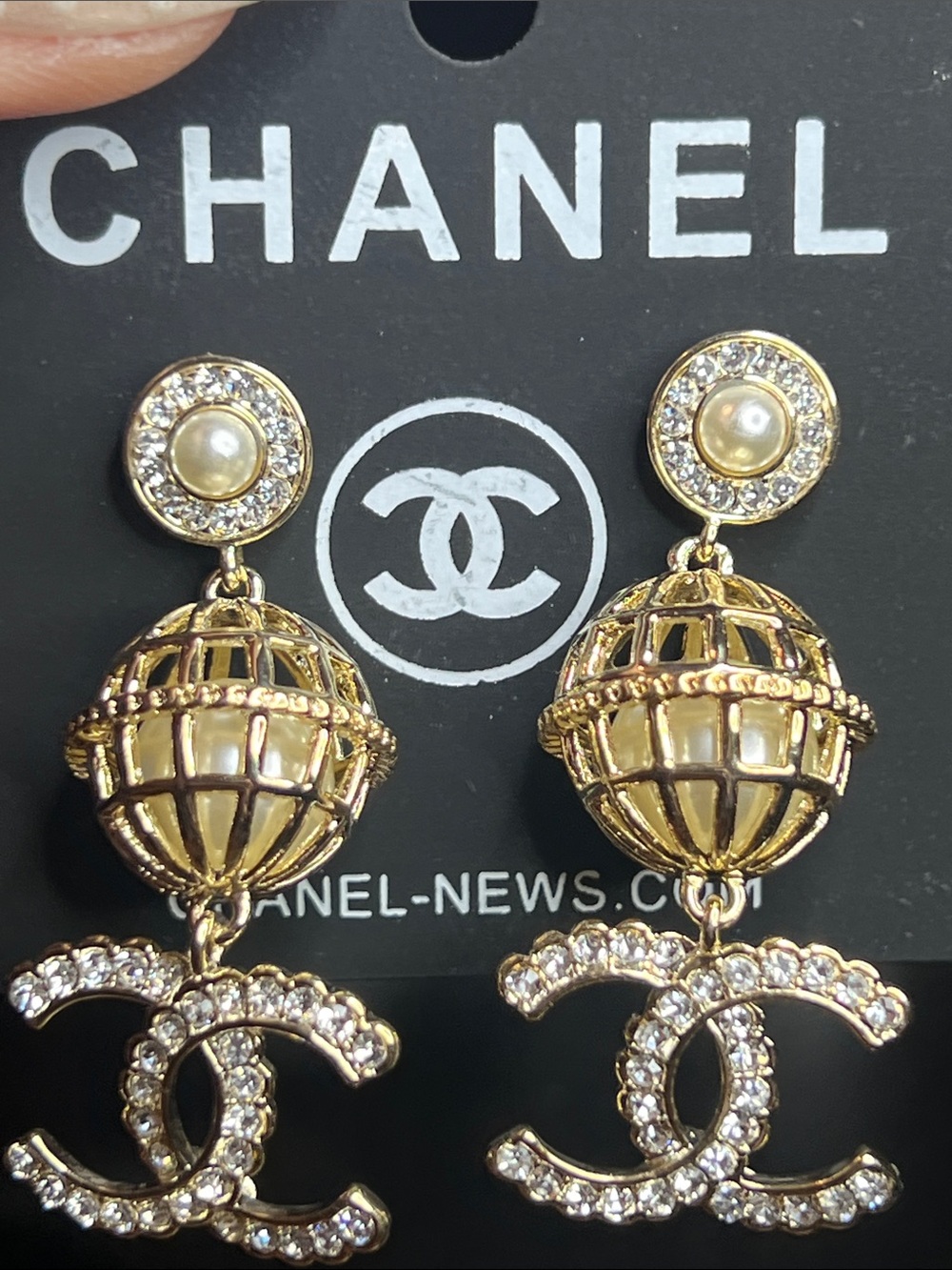 Gold Pearl Globe Drop Earrings with Crystal-Embellished Logo Charm